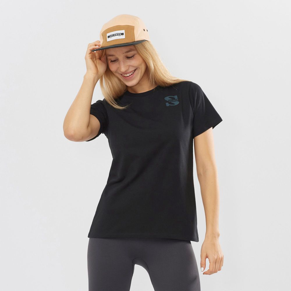 Salomon Singapore Womens T-shirts - OUTLIFE SMALL LOGO SS W Black | 82405-ZBIM